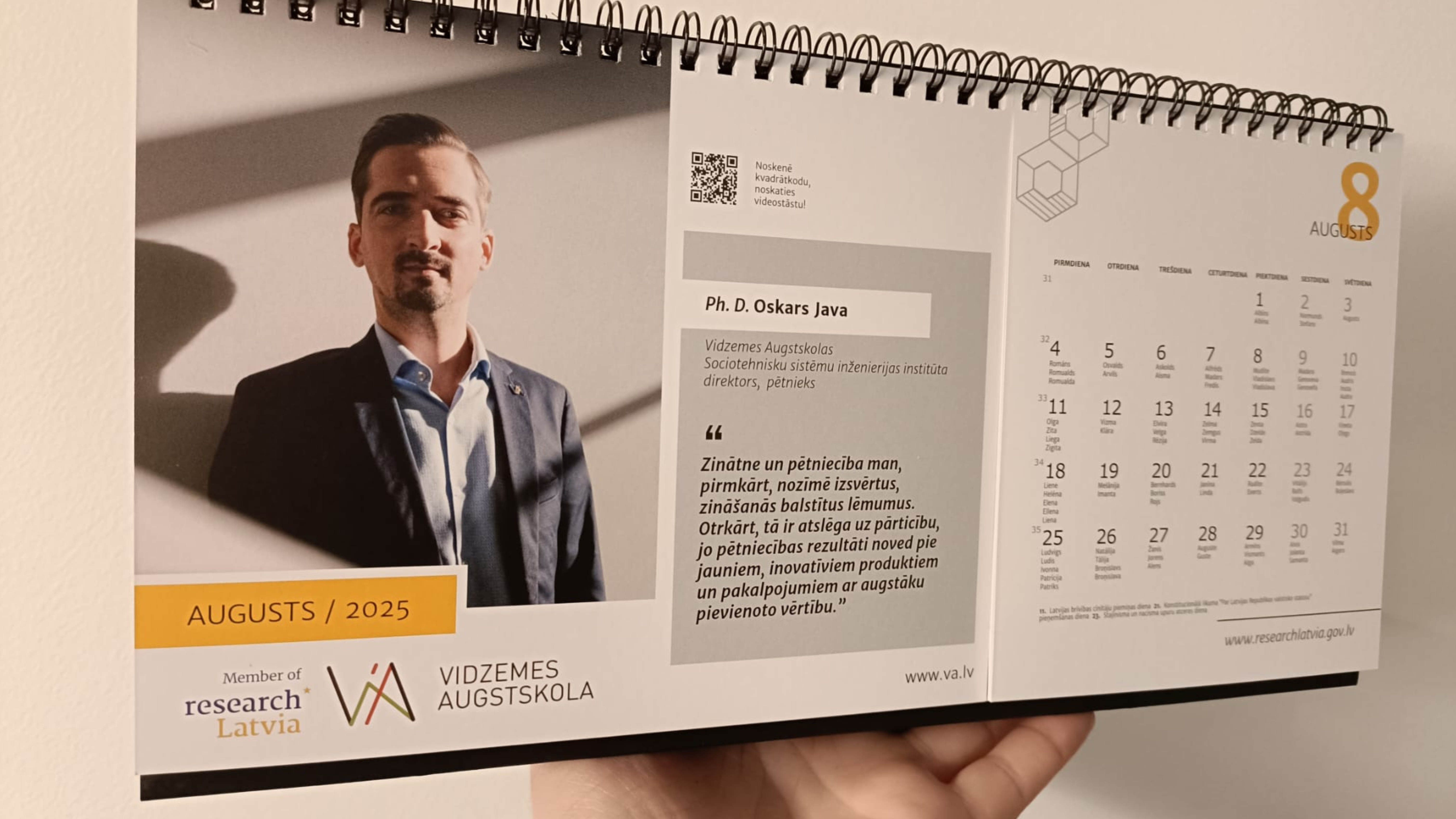 Vidzeme University of Applied Sciences is represented by researcher Oskars Java in the 2025 calendar "Science for Latvia"